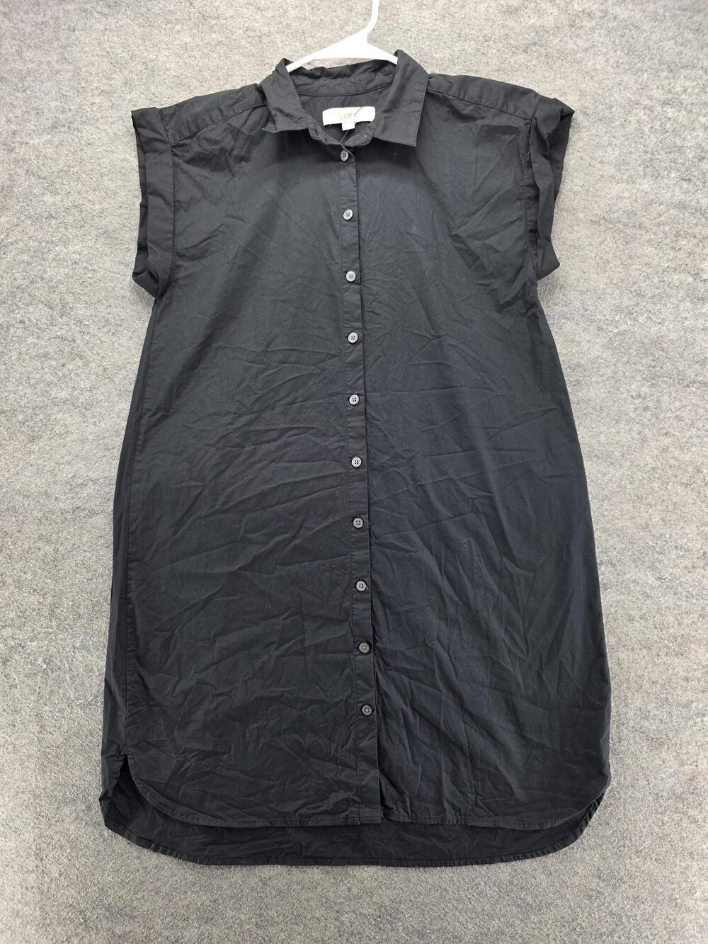 LOFT Dress Womens 6 Black Button Front Shirt Dress Short Sleeve Cotton